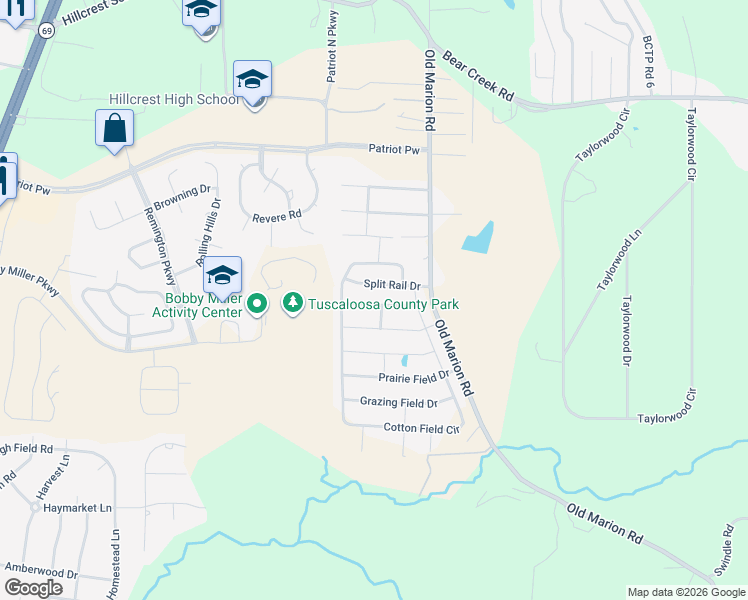map of restaurants, bars, coffee shops, grocery stores, and more near 300 Old Bridge Road in Tuscaloosa