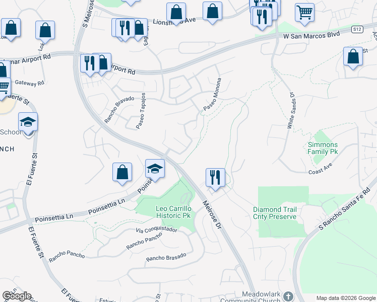 map of restaurants, bars, coffee shops, grocery stores, and more near 6178 Paseo Palero in Carlsbad