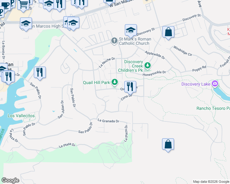 map of restaurants, bars, coffee shops, grocery stores, and more near 1021 Partridge Court in San Marcos