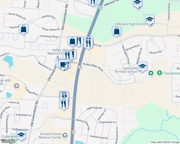map of restaurants, bars, coffee shops, grocery stores, and more near 9710 Alabama Highway 69 South in Tuscaloosa