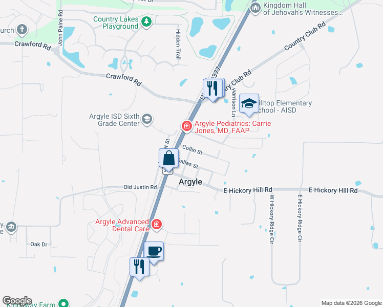 map of restaurants, bars, coffee shops, grocery stores, and more near 709 Cypress Street in Argyle