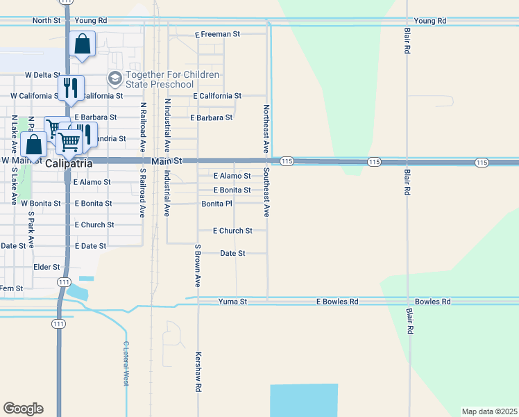 map of restaurants, bars, coffee shops, grocery stores, and more near 651 East Bonita Street in Calipatria