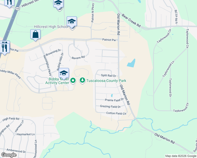 map of restaurants, bars, coffee shops, grocery stores, and more near 9113 Cotton Field Circle in Tuscaloosa