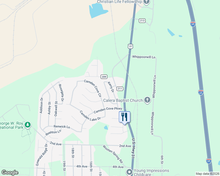 map of restaurants, bars, coffee shops, grocery stores, and more near 2042 Kerry Circle in Calera