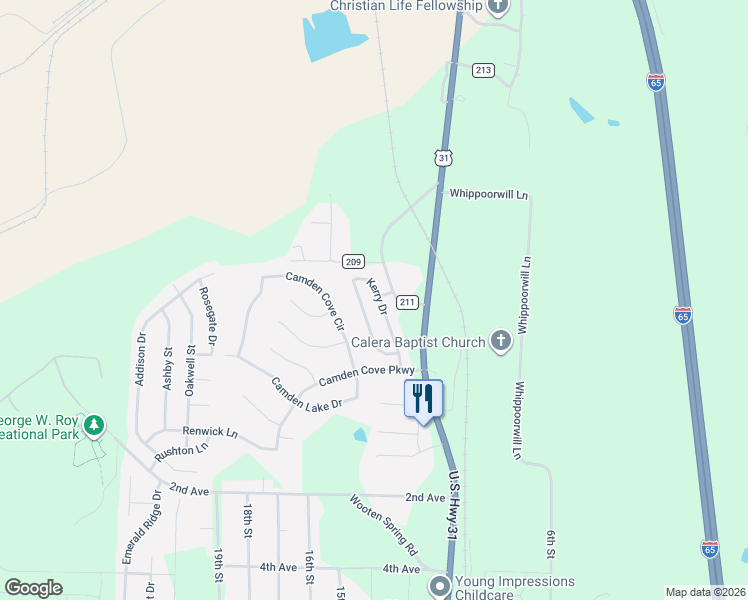 map of restaurants, bars, coffee shops, grocery stores, and more near 2042 Kerry Circle in Calera