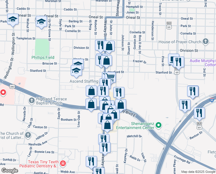 map of restaurants, bars, coffee shops, grocery stores, and more near 4715 Wesley Street in Greenville