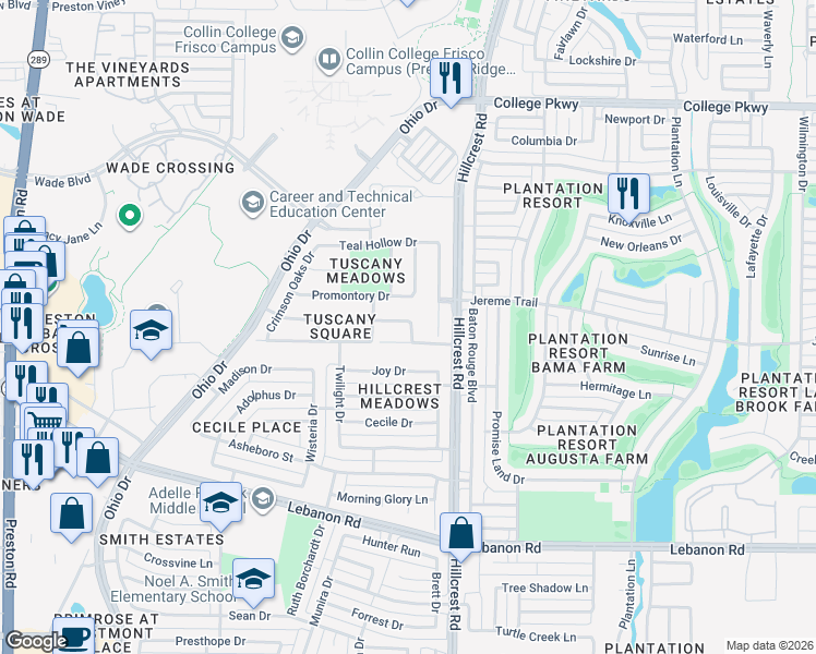 map of restaurants, bars, coffee shops, grocery stores, and more near 10359 Summit Run Drive in Frisco