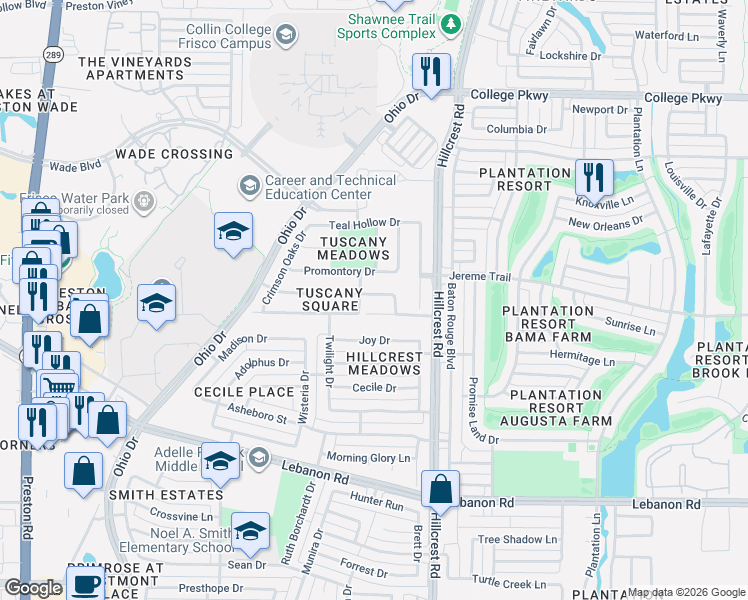 map of restaurants, bars, coffee shops, grocery stores, and more near 10288 Darkwood Drive in Frisco