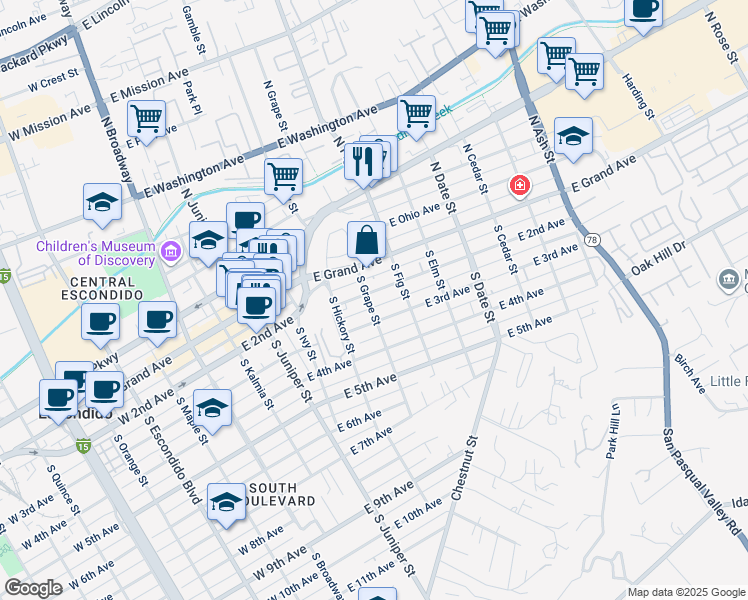 map of restaurants, bars, coffee shops, grocery stores, and more near 226 South Grape Street in Escondido
