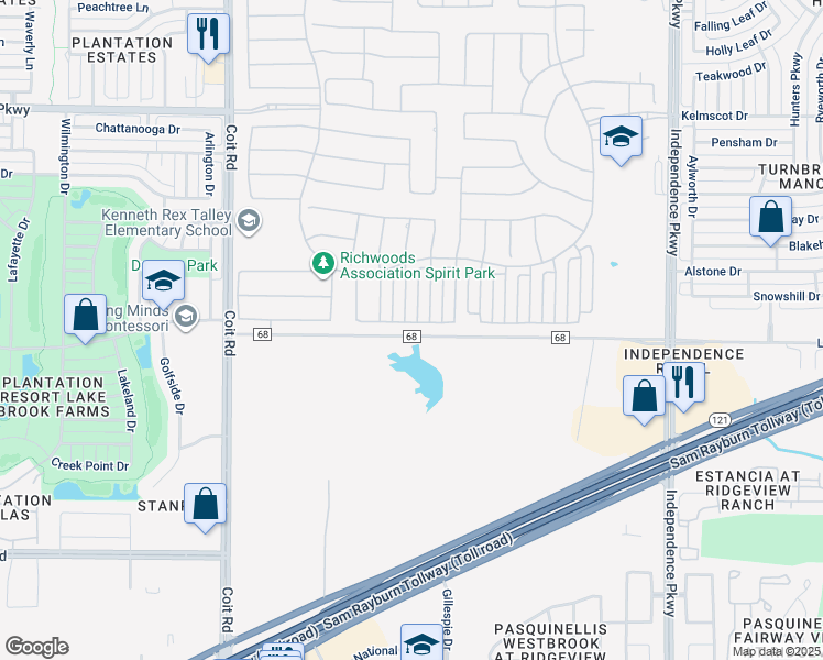 map of restaurants, bars, coffee shops, grocery stores, and more near 13545 Marmolada Drive in Frisco