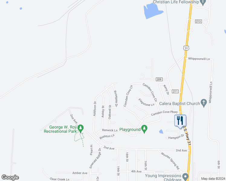 map of restaurants, bars, coffee shops, grocery stores, and more near 108 Rosegate Drive in Calera
