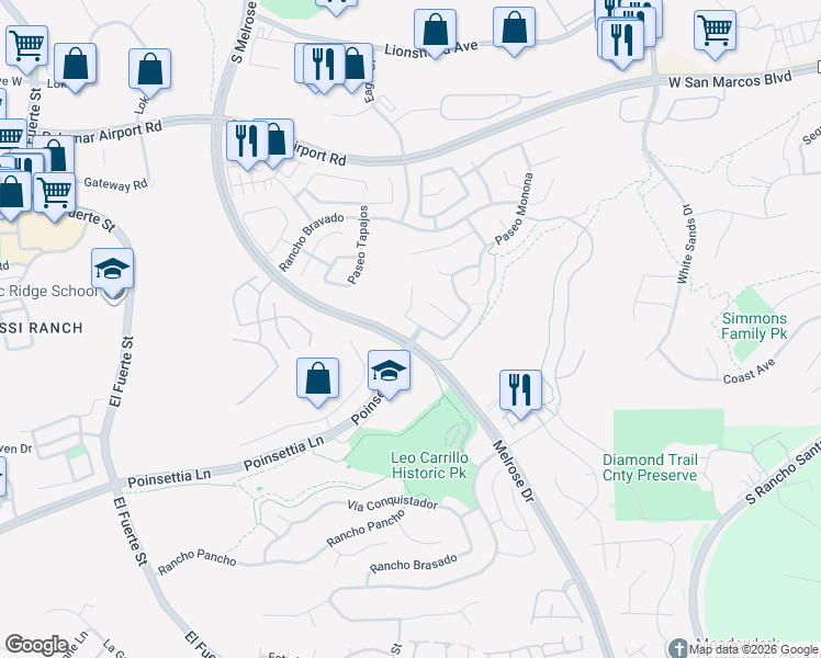 map of restaurants, bars, coffee shops, grocery stores, and more near 3215 Rancho Quartillo in Carlsbad