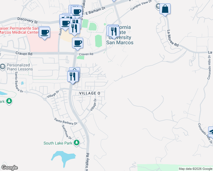 map of restaurants, bars, coffee shops, grocery stores, and more near 295 Churchill Lane in San Marcos