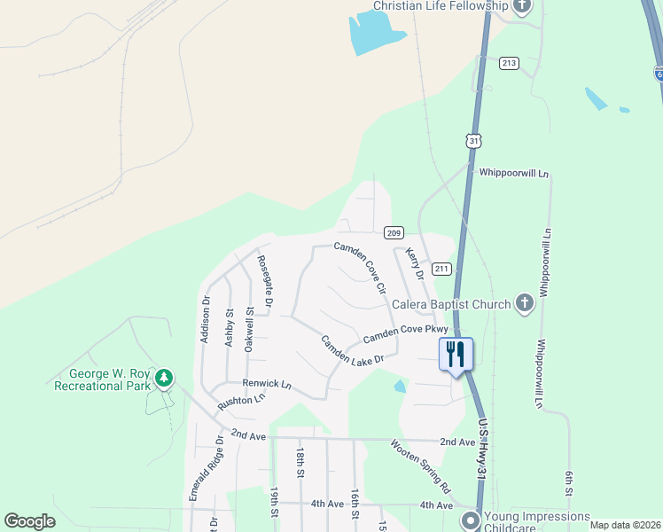map of restaurants, bars, coffee shops, grocery stores, and more near 145 Mayfair Lane in Calera