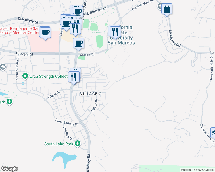 map of restaurants, bars, coffee shops, grocery stores, and more near 295 Churchill Lane in San Marcos