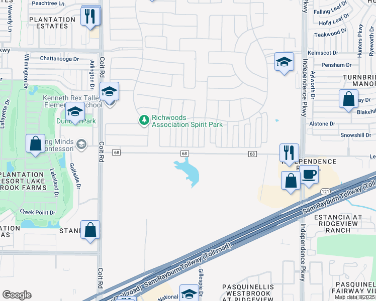 map of restaurants, bars, coffee shops, grocery stores, and more near 13545 Marmolada Drive in Frisco