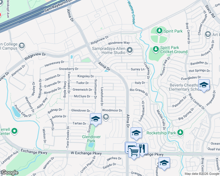map of restaurants, bars, coffee shops, grocery stores, and more near 1322 Marwood Drive in Allen