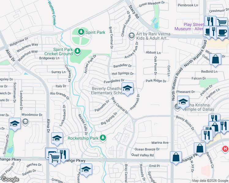 map of restaurants, bars, coffee shops, grocery stores, and more near 1992 Verde Court in Allen