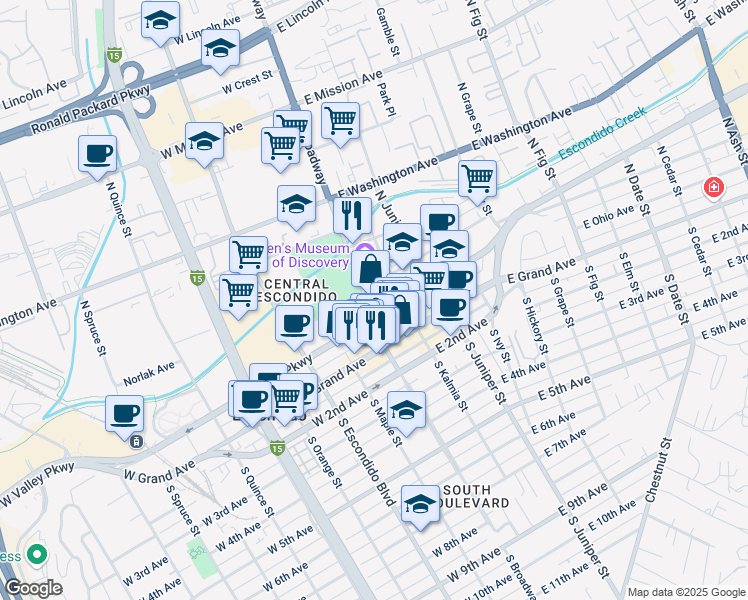 map of restaurants, bars, coffee shops, grocery stores, and more near 228 North Broadway in Escondido