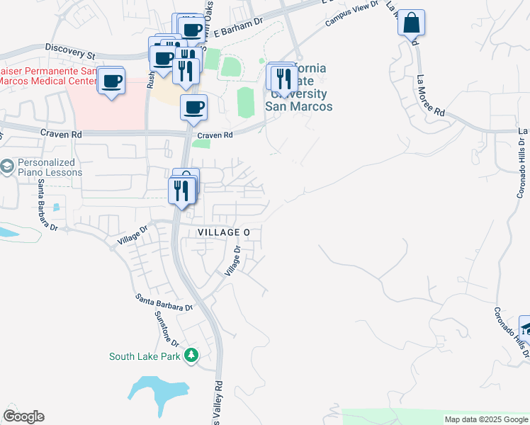 map of restaurants, bars, coffee shops, grocery stores, and more near 293 Churchill Lane in San Marcos