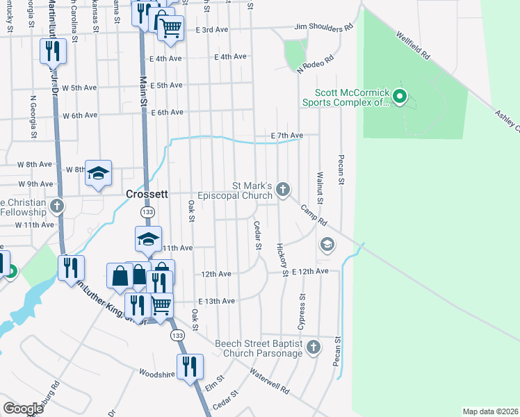 map of restaurants, bars, coffee shops, grocery stores, and more near 1000 Cedar Street in Crossett