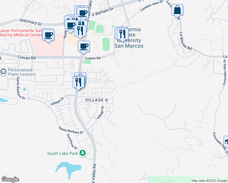 map of restaurants, bars, coffee shops, grocery stores, and more near 293 Churchill Lane in San Marcos