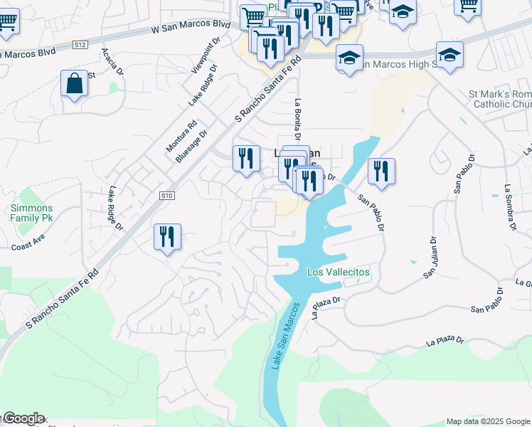 map of restaurants, bars, coffee shops, grocery stores, and more near 1616 Circa Del Lago in San Marcos