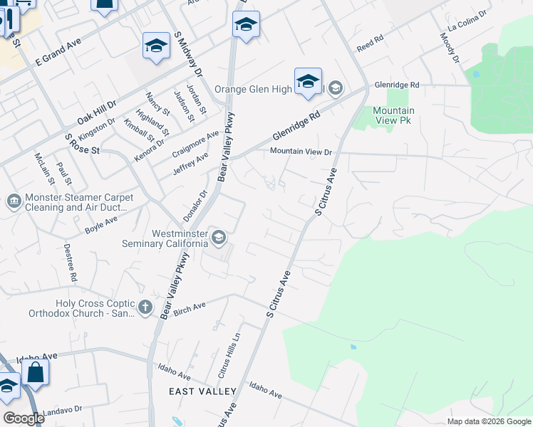 map of restaurants, bars, coffee shops, grocery stores, and more near 1411 Logan Court in Escondido