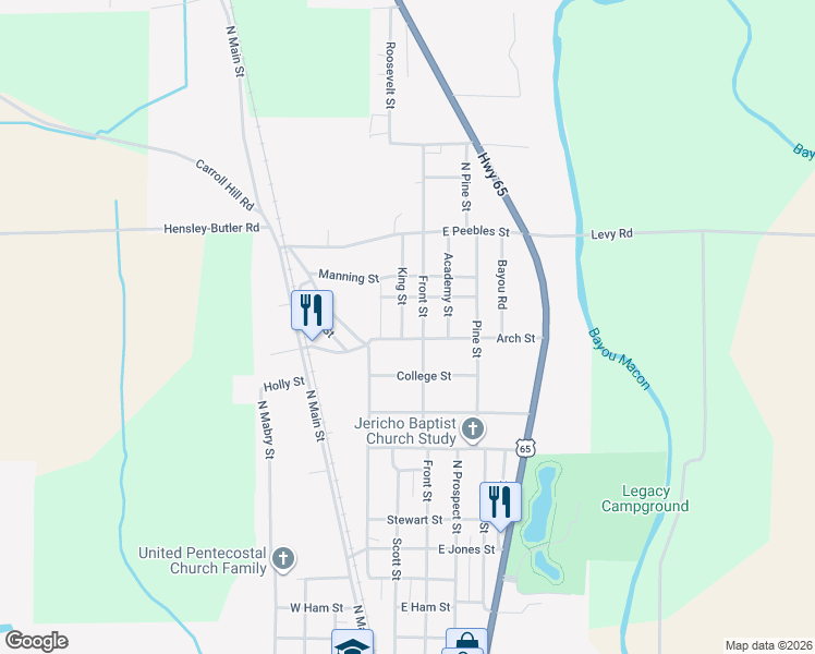 map of restaurants, bars, coffee shops, grocery stores, and more near 202 Arch Street in Eudora