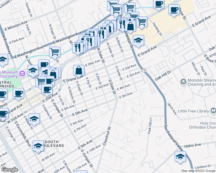map of restaurants, bars, coffee shops, grocery stores, and more near 854 East 4th Avenue in Escondido