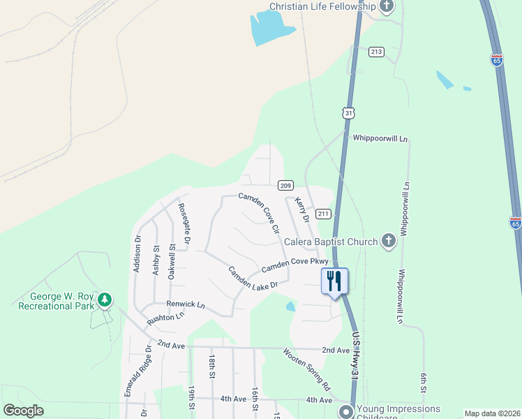 map of restaurants, bars, coffee shops, grocery stores, and more near 397 Camden Cove Circle in Calera