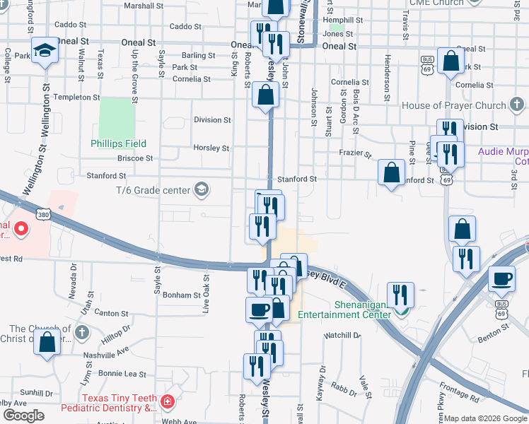 map of restaurants, bars, coffee shops, grocery stores, and more near 4720 Texas 34 in Greenville