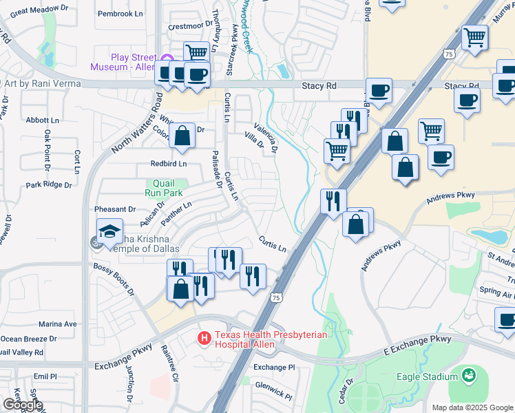 map of restaurants, bars, coffee shops, grocery stores, and more near 1441 Pebble Way in Allen