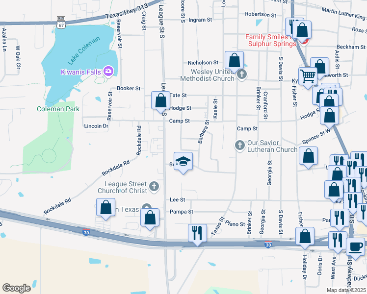 map of restaurants, bars, coffee shops, grocery stores, and more near 933 Moore Street South in Sulphur Springs