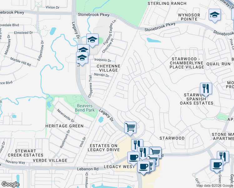 map of restaurants, bars, coffee shops, grocery stores, and more near 5319 Cattail Court in Frisco