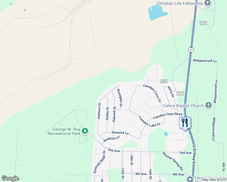 map of restaurants, bars, coffee shops, grocery stores, and more near 210 Oakwell Street in Calera