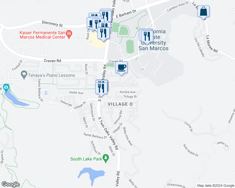 map of restaurants, bars, coffee shops, grocery stores, and more near 128 Trilogy Street in San Marcos