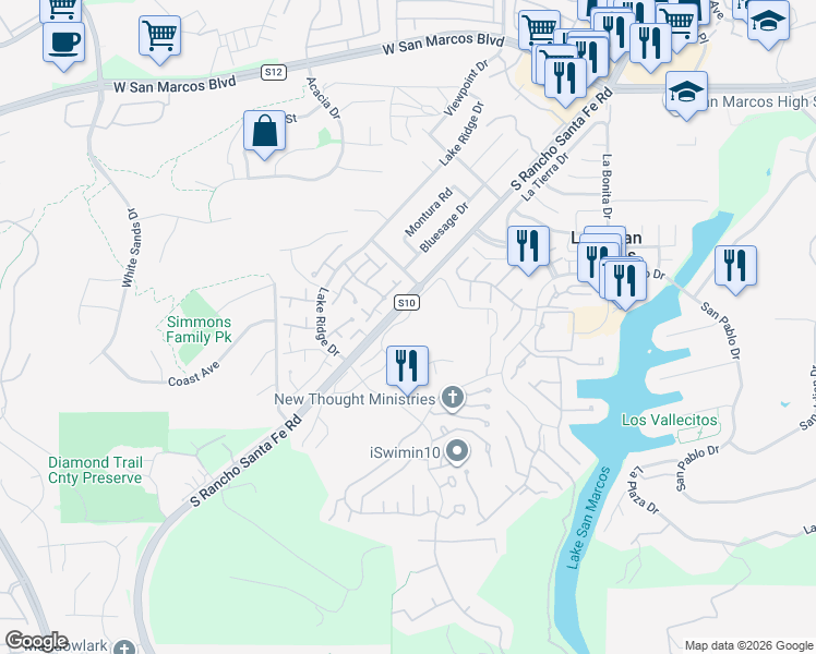 map of restaurants, bars, coffee shops, grocery stores, and more near 1247 La Casa Drive in San Marcos