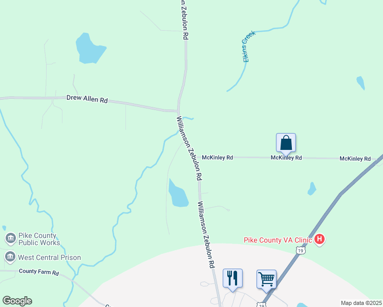 map of restaurants, bars, coffee shops, grocery stores, and more near 281 Williamson Zebulon Road in Williamson