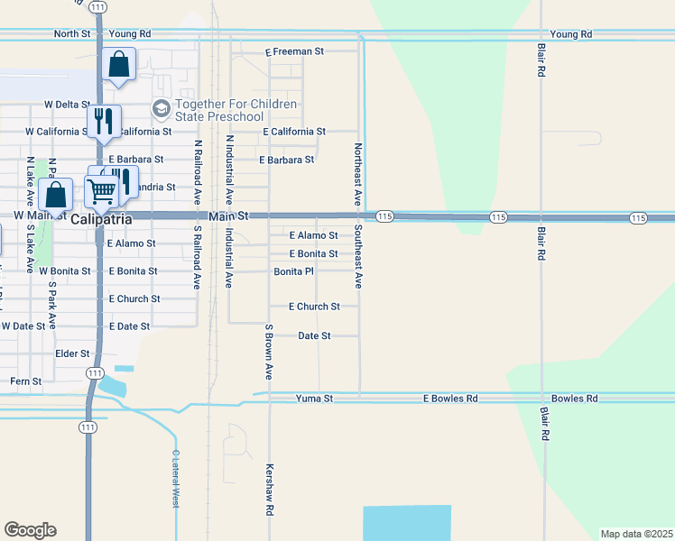 map of restaurants, bars, coffee shops, grocery stores, and more near 651 East Bonita Street in Calipatria