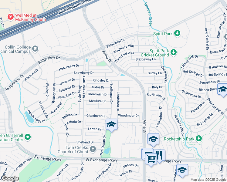 map of restaurants, bars, coffee shops, grocery stores, and more near 1327 Marwood Drive in Allen