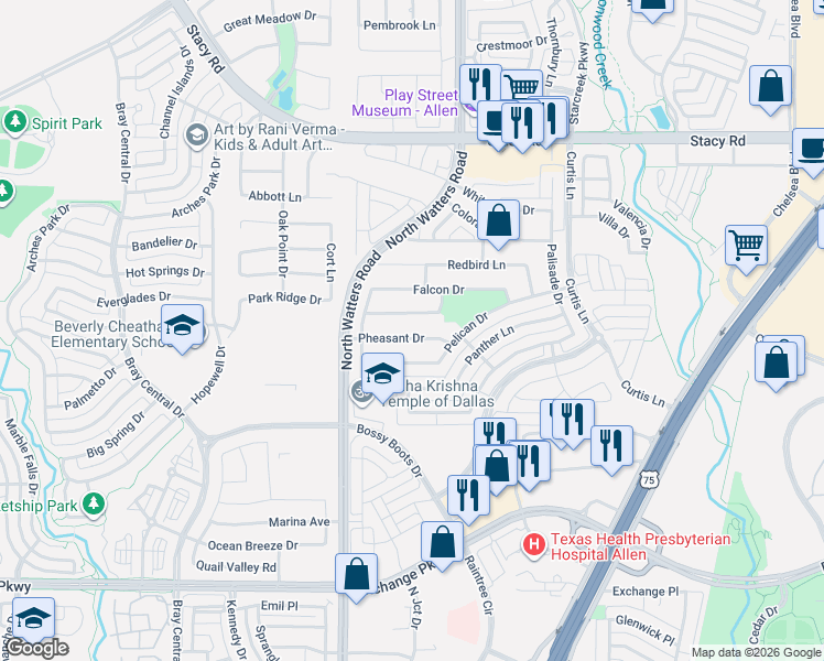 map of restaurants, bars, coffee shops, grocery stores, and more near 941 Pheasant Drive in Allen