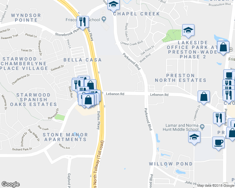 map of restaurants, bars, coffee shops, grocery stores, and more near 6977 Lebanon Road in Frisco