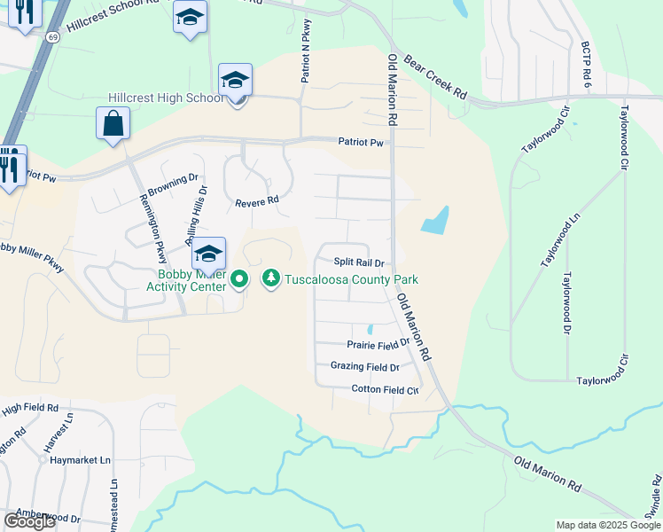 map of restaurants, bars, coffee shops, grocery stores, and more near 301 Split Rail Drive in Tuscaloosa