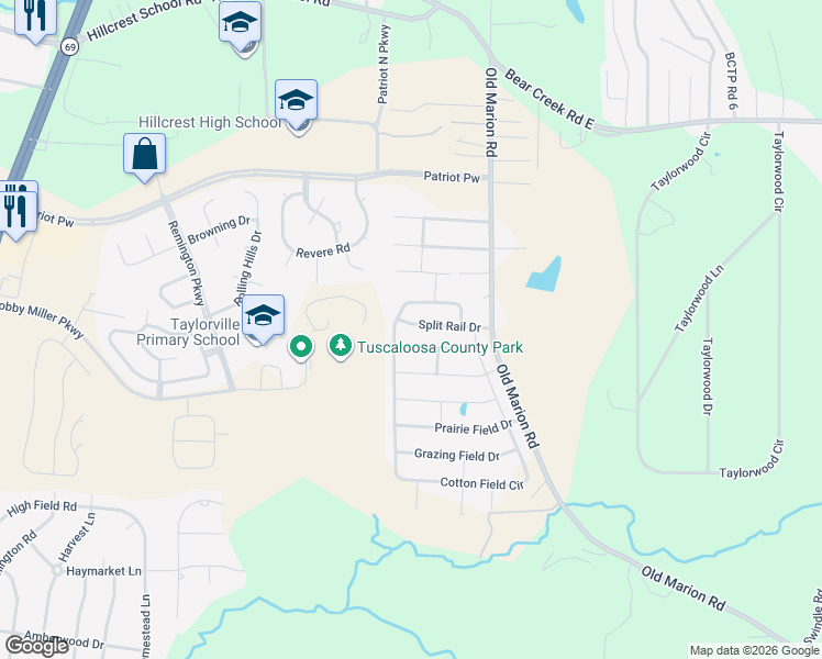 map of restaurants, bars, coffee shops, grocery stores, and more near 300 Old Bridge Road in Tuscaloosa