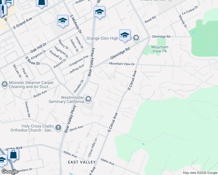 map of restaurants, bars, coffee shops, grocery stores, and more near 1411 Logan Court in Escondido