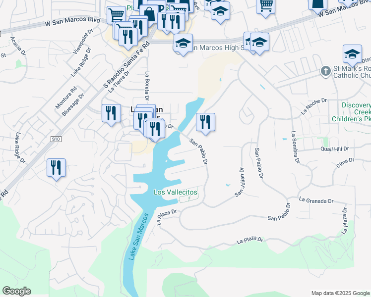 map of restaurants, bars, coffee shops, grocery stores, and more near 1434 La Habra Drive in San Marcos