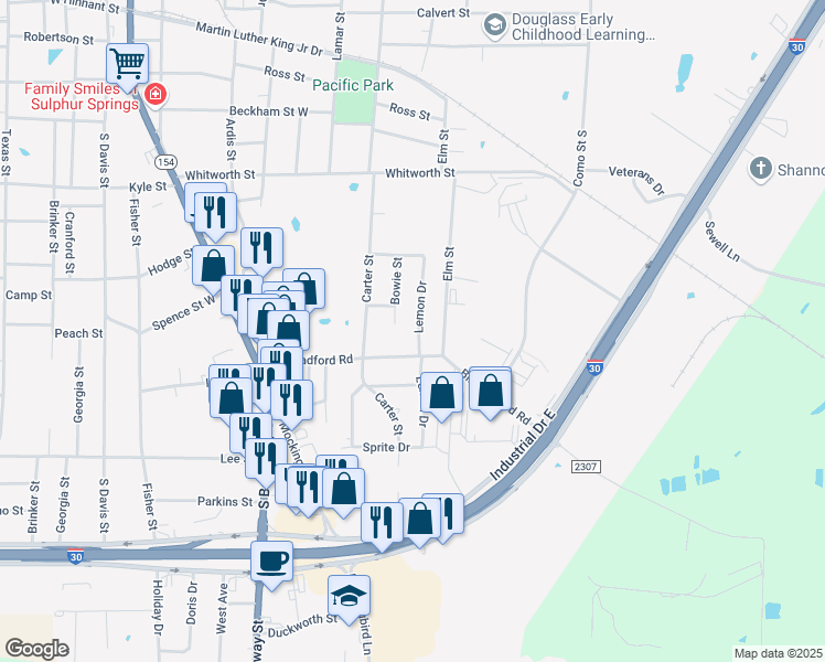 map of restaurants, bars, coffee shops, grocery stores, and more near 323 Bill Bradford Road in Sulphur Springs