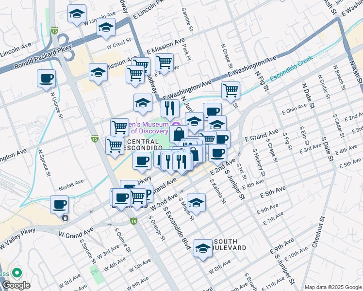 map of restaurants, bars, coffee shops, grocery stores, and more near 111 East Pennsylvania Avenue in Escondido