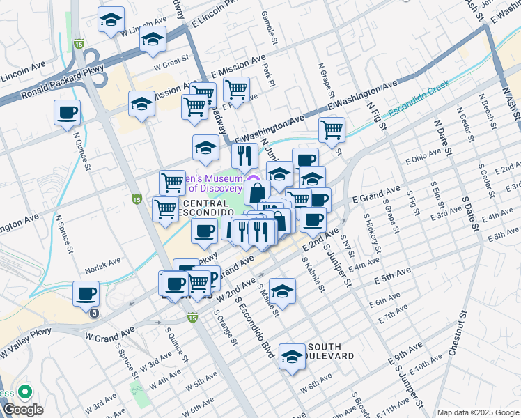 map of restaurants, bars, coffee shops, grocery stores, and more near 111 East Pennsylvania Avenue in Escondido